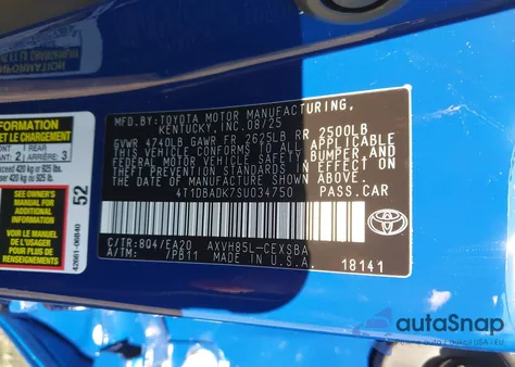 2025 Toyota Camry Se from USA, damaged, VIN 4T1DBADK7SU034750